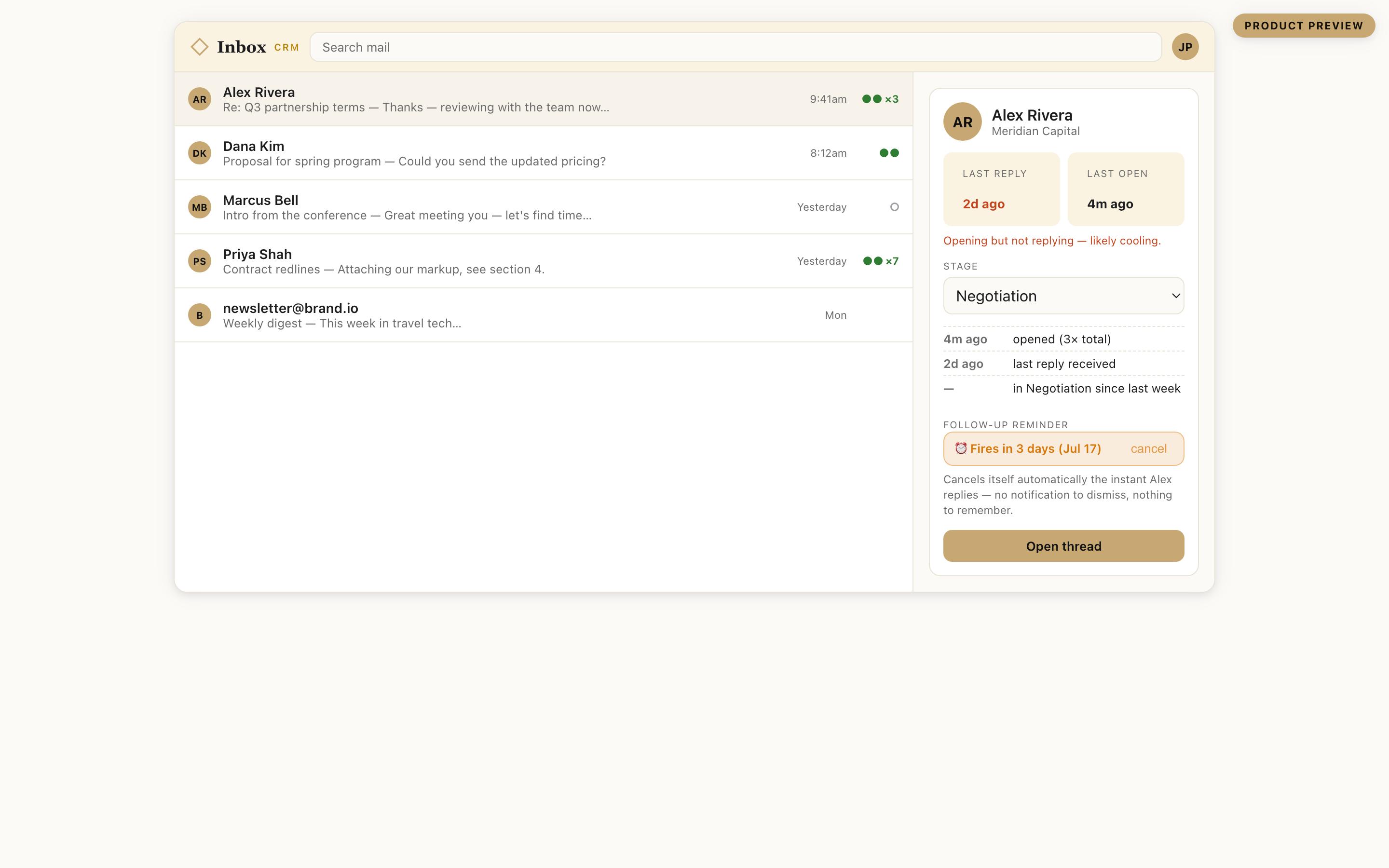 The Cachet Inbox panel beside a Gmail thread: Alex Rivera at Meridian Capital, last reply two days ago, opening but not replying, stage set to Negotiation, and a follow-up reminder that cancels itself when he replies.